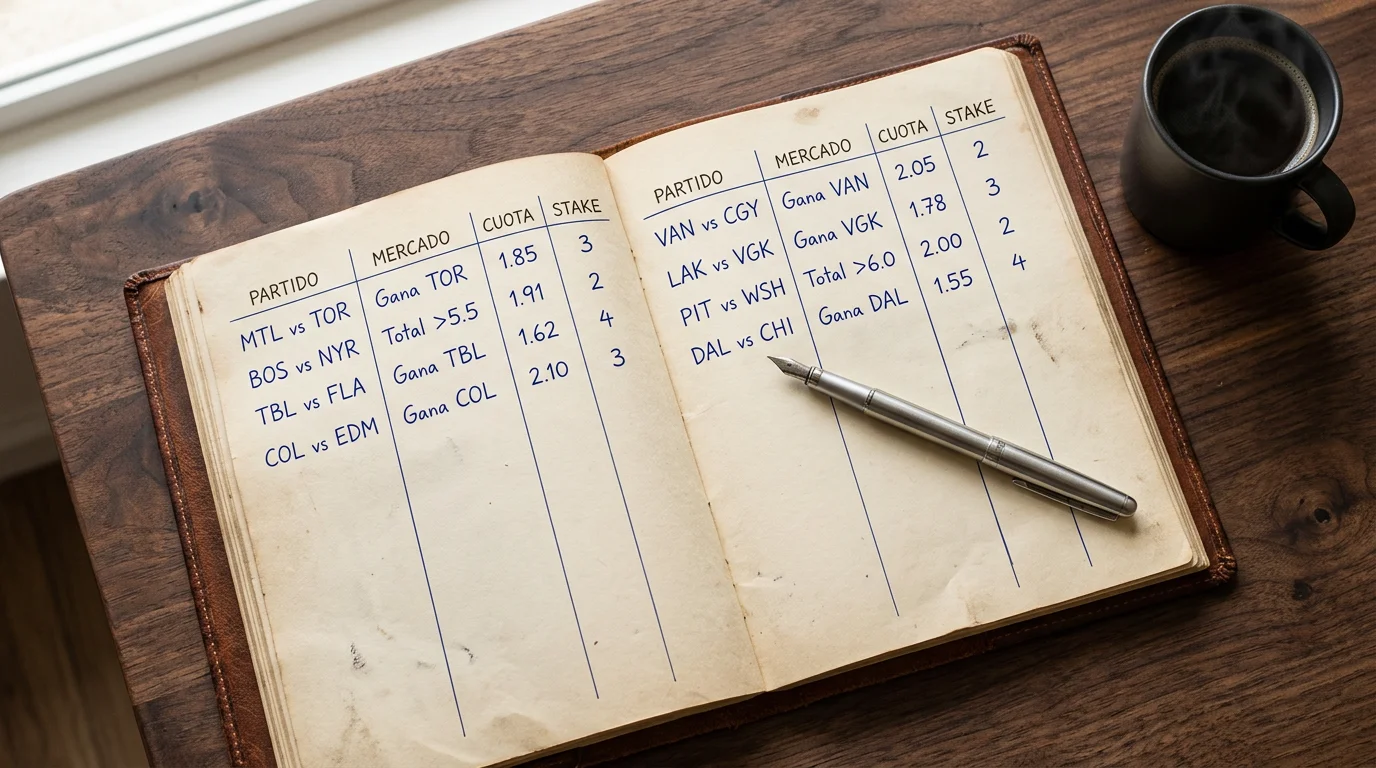 Apostante anotando el registro de apuestas NHL en un cuaderno con el seguimiento de fecha, mercado, stake y resultado