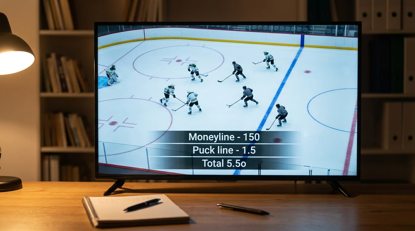 Pantalla de televisión con una pista de hockey NHL y una superposición de los tres mercados principales moneyline, puck line y totales