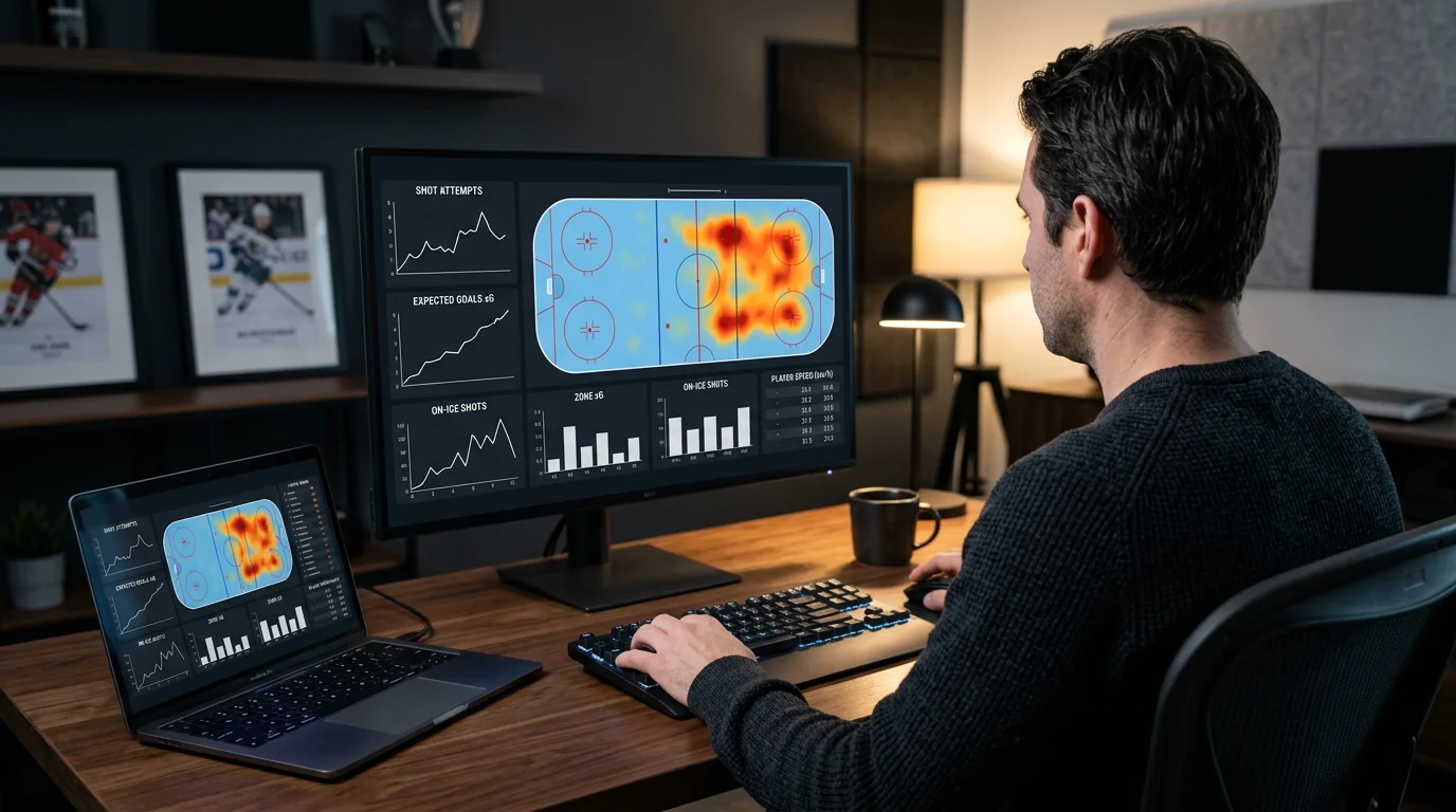 Analista NHL revisando un panel de datos de expected goals y estadísticas de NHL EDGE en una pantalla de ordenador