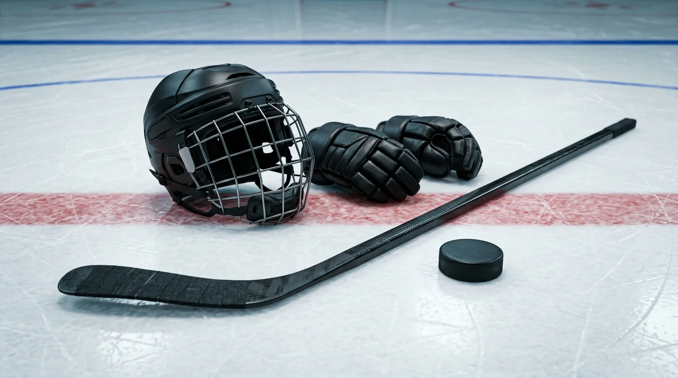 Equipamiento de hockey NHL con casco, guantes y stick sobre el hielo de una pista oficial con las líneas reglamentarias